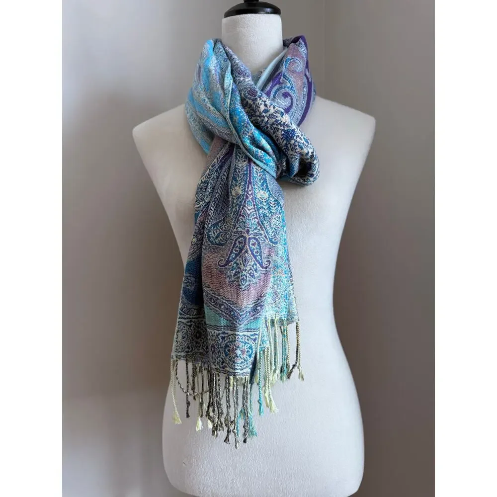 Pastel Paisley Scarf Blue Lavender Silky Fringe Wrap 75x20 Cottage Coquette Soft